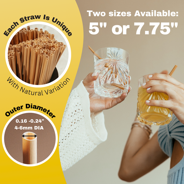 Two women holding a cocktail glass with two haystraws per glass and an infographic showing the straw has natural variation and n outer diameter of 0.16-0.24" or 4-6mm and two sizes available of 5" or 7.75"