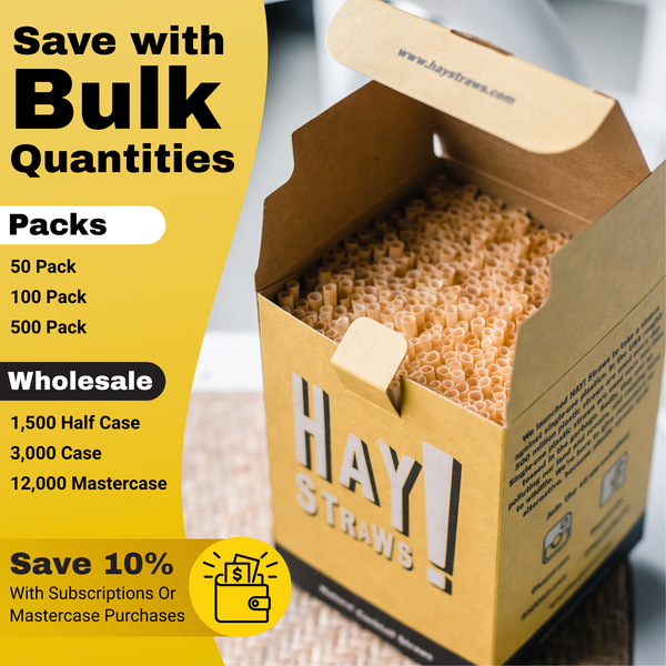 HAY! Straws 500 pack of natural straws, showing varying dimeters and a graphic with text "Save with bulk quantities and showing customers can save 10% with a subscription or by purchasing a mastercase of 12,000 straws