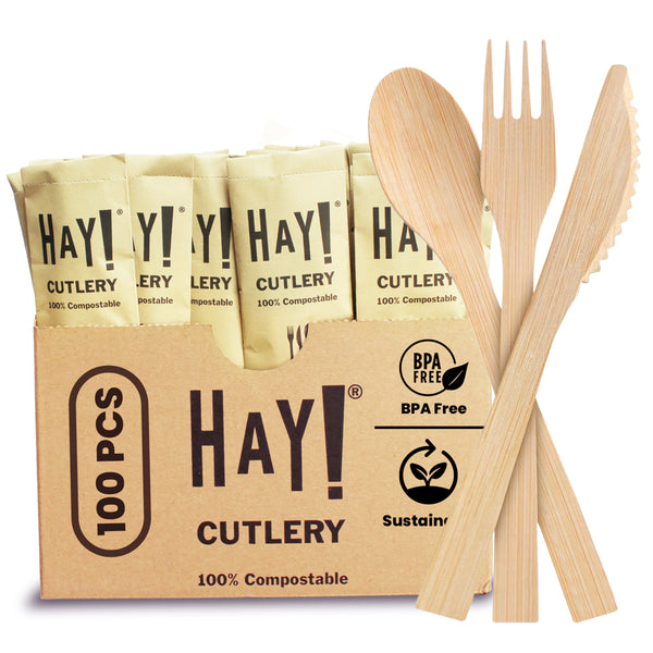 HAY! Straws individually wrapped cutlery set contains one bamboo fork spoon knife and napkin. This wooden disposable utensil set is ideal for restaurants food trucks and cafes. 100% compostable and biodegradable. This mastercase of six cases has a total of 600 cutlery sets