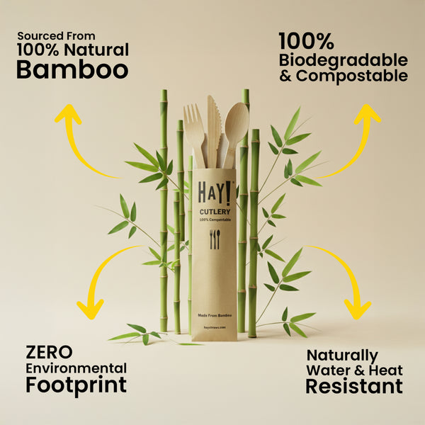 HAY Bamboo cutlery set on a beige background with green bamboo shots leaves behind it and text showing the benefits like sourced from 100% bamboo, 100% biodegradable and compostable, zero environmental impact, naturally heat and water resistant 