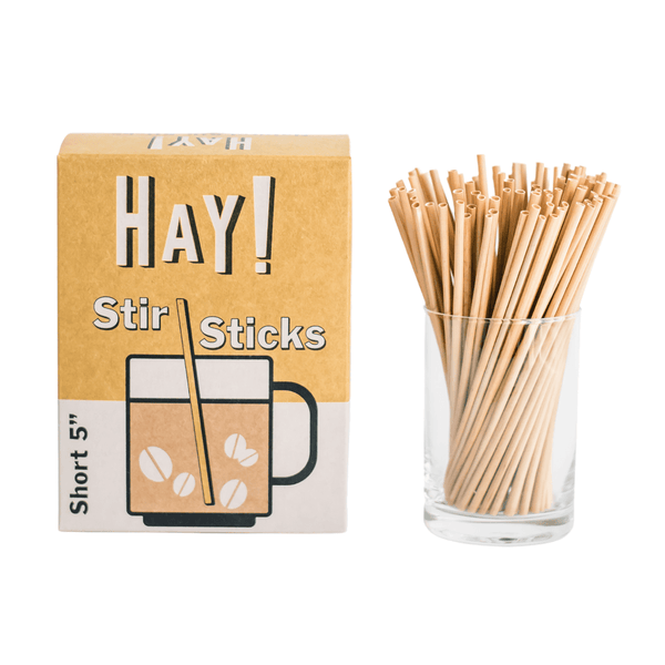 HAY! Stir Sticks are great for hot drinks, never soggy and and can be 100% composted. Our drink stirrers will swizzle a cold rum drink too. They are perfect for replacing plastic or wooden stirrers . Long 7.75" and Short 5" sizes are available for wholesale in both Half Case (1500 stirrers) and Full Case (3000 stirrers).
