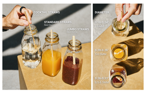 A side-by-side comparison of HAY! Straws showing three types of glass cocktail straws: a wheat straw, Standard reed straw, and a jumbo reed straw, alongside three sizes of clear glass bottles with amber and dark red liquids. The left panel shows hands holding the straws, and the right panel shows the diameter measurements of the glass bottles.