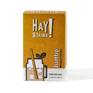 250 Pack of Jumbo wrapped straws, 8 inches in length for shakes and smoothies. Case contains 1500 Jumbo drinking straws individually wrapped. Jumbo HAY! Straws® are biodegradable made from wheat stems.