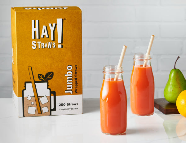Jumbo wrapped straws. Wholesale case contains 6 x 250 packs straws (1500 straws total drinking straws individually wrapped).  HAY! Straws® Jumbos are wider, perfect for smoothies and Bloody Marys, they're 100% biodegradable made from wheat stems.
