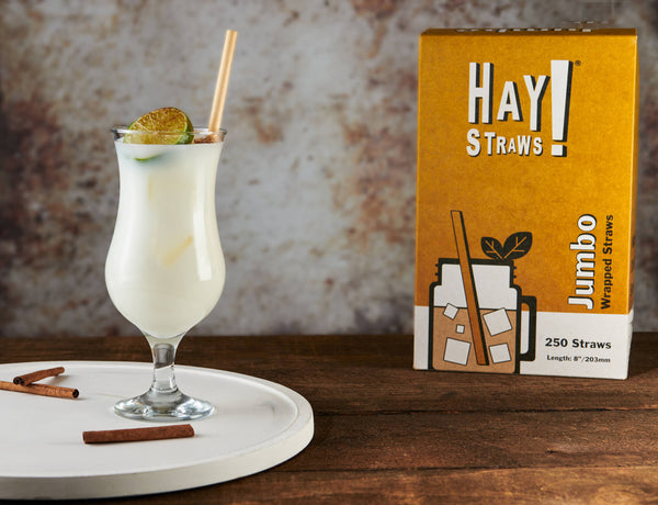 Jumbo straws from HAY! Straws®, the best smoothie straws, wrapped in paper sleeve for convenience and hygiene. Case contains 1500 individually wrapped Jumbo straws. They're 8 inches in length, best for iced drinks, 100% biodegradable made from wheat stems.