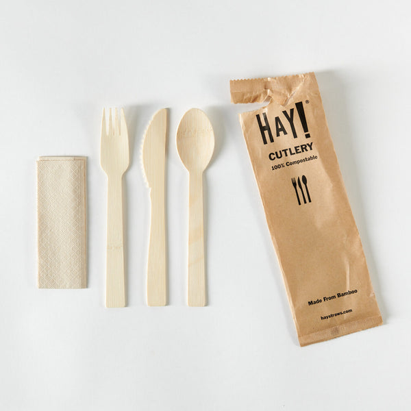 Each piece of cutlery is made from 100% bamboo. Each set is individually wrapped for hygiene and convenience. The utensils and napkin are all compostable and the paper wrapper can be recycled.