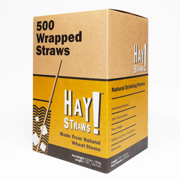 HAY! Straws® individually wrapped in a paper sleeve for convenience and hygiene. Full Case-3000 count contains 6 x 500 pack boxes of , size Tall- 7.75 in individually wrapped straws hay straws, natural and 100% compostable.