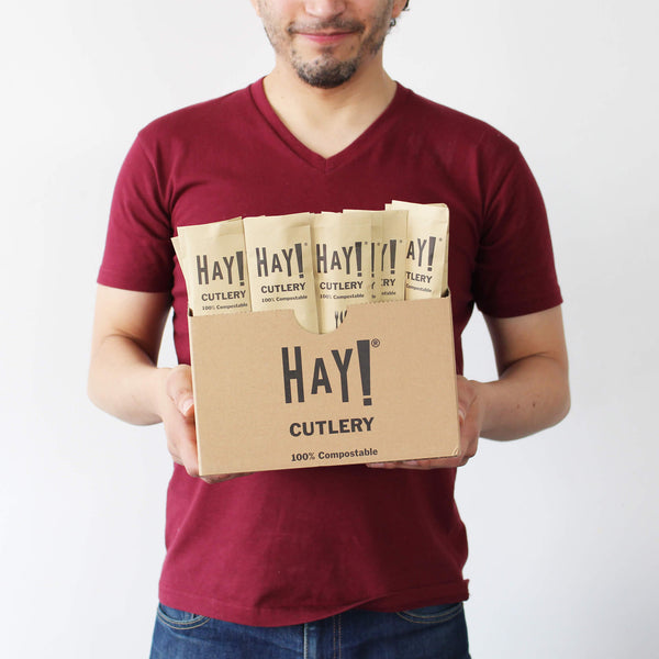 HAY! Cutlery is ideal for your take-away service, adding a plastic-free and upscale touch. Each piece of cutlery is made from 100% bamboo, Each set is individually wrapped for  hygiene and convenience. The utensils and napkin are all compostable and the paper wrapper can be recycled.