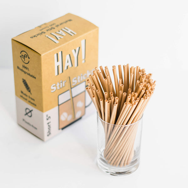 HAY! Stir Sticks are great for hot drinks, never soggy and and can be 100% composted. Our drink stirrers will swizzle a cold rum drink too. They are perfect for replacing plastic or wooden stirrers . Long 7.75" and Short 5" sizes are available for wholesale in both Half Case (1500 stirrers) and Full Case (3000 stirrers).