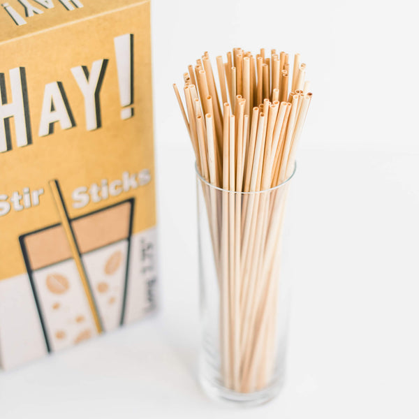 Our stir sticks are 100% compostable, made from natural wheat stems and tested as gluten-free, the perfect alternative to plastic or wooden stirrers. Swizzle your favorite hot drink or iced beverage: they are light, smooth and never soggy! ! Half Case (1500 stirrers) and Full Case (3000 stirrers) available for wholesale.